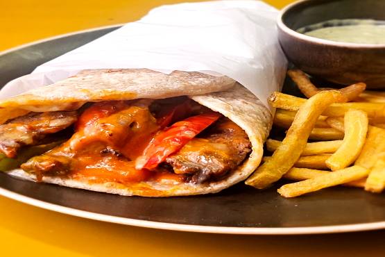 Beef Fajitas with Sour Cream and French Fries