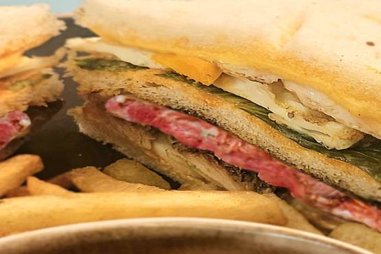 Chicken Club Sandwich with French Fries