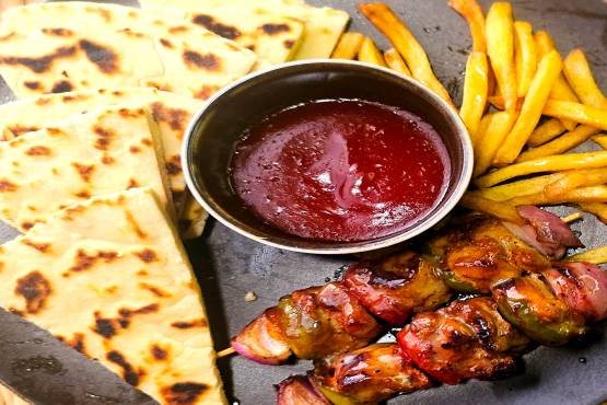 Chicken Shish Kebab with French Fries and Tortilla Bread
