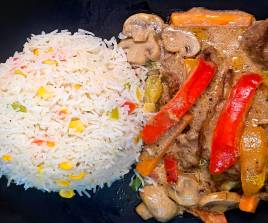 Beef Stroganoff with Butter Corn Rice and Bell Pepper
