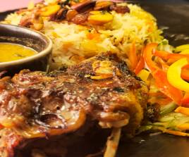 Mutton Bukhari Rice with Salsa and Green Salad